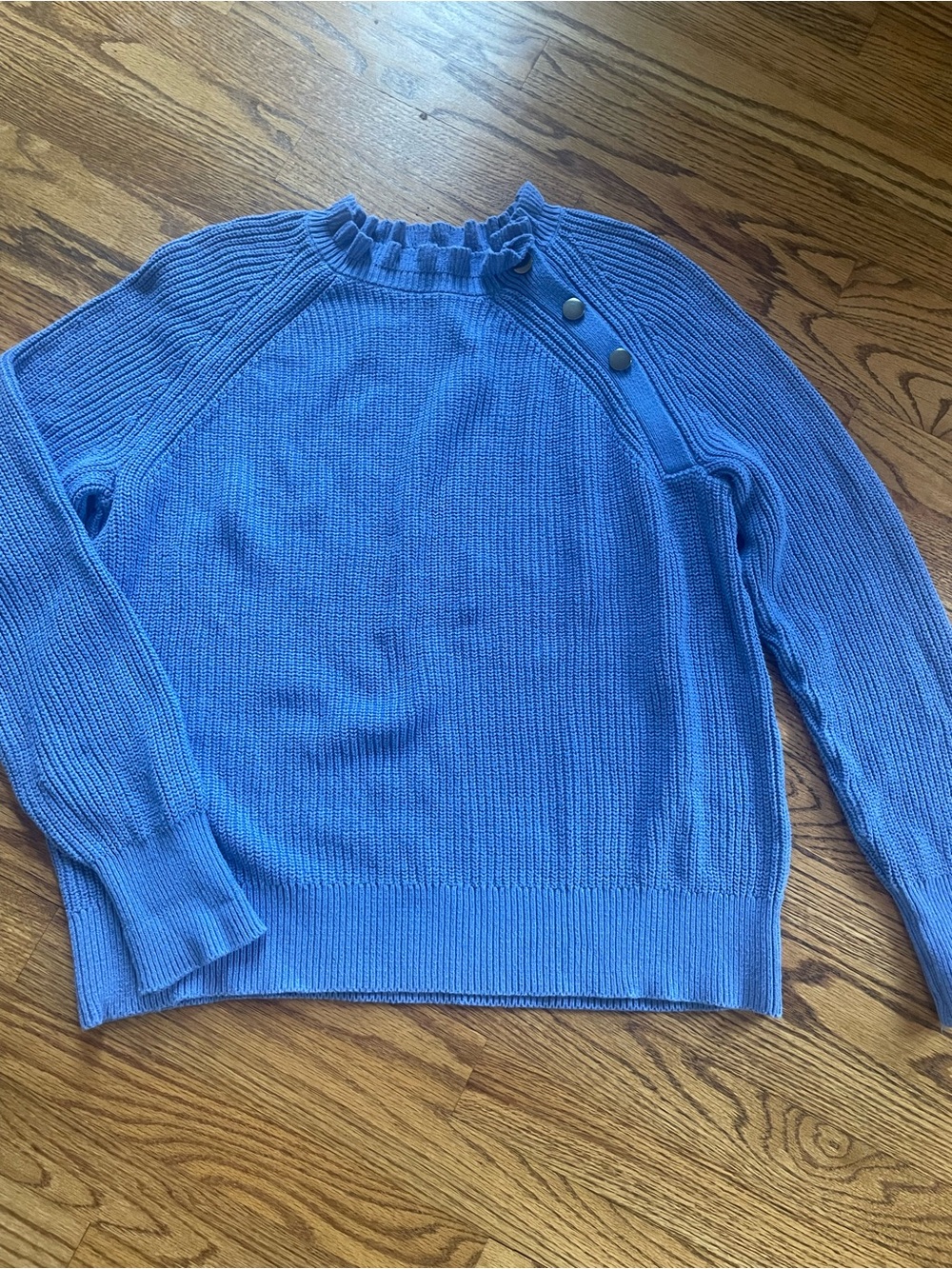 LOFT Periwinkle Blue Ruffle-Neck Button-Shoulder Sweater Large